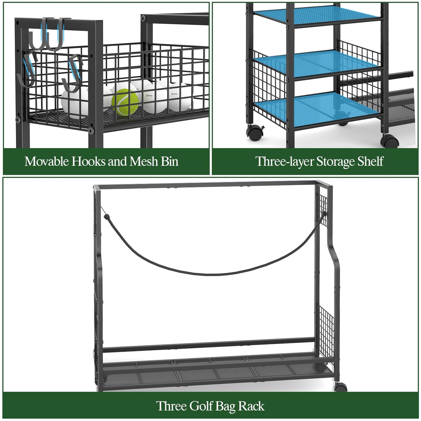 Golf Bag Storage Rack for Garage with Wheels, Organizer for 3 Golf Bag and Equipment Accessories, Golf Organizer Stand Ideal for Home, Garage, Club, Shed, Basement - Sturdy and Durable (Black)