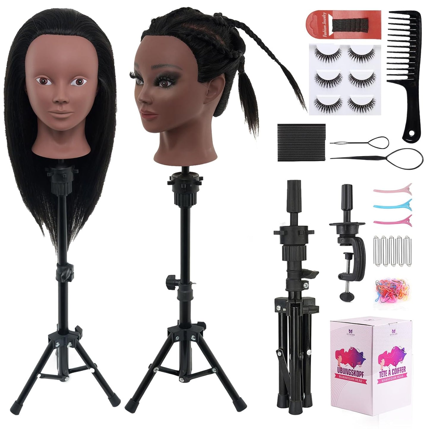 18” Human Hair Mannequin Head - Realistic Cosmetology Practice Doll for Hair Styling & Braiding | Includes Stand