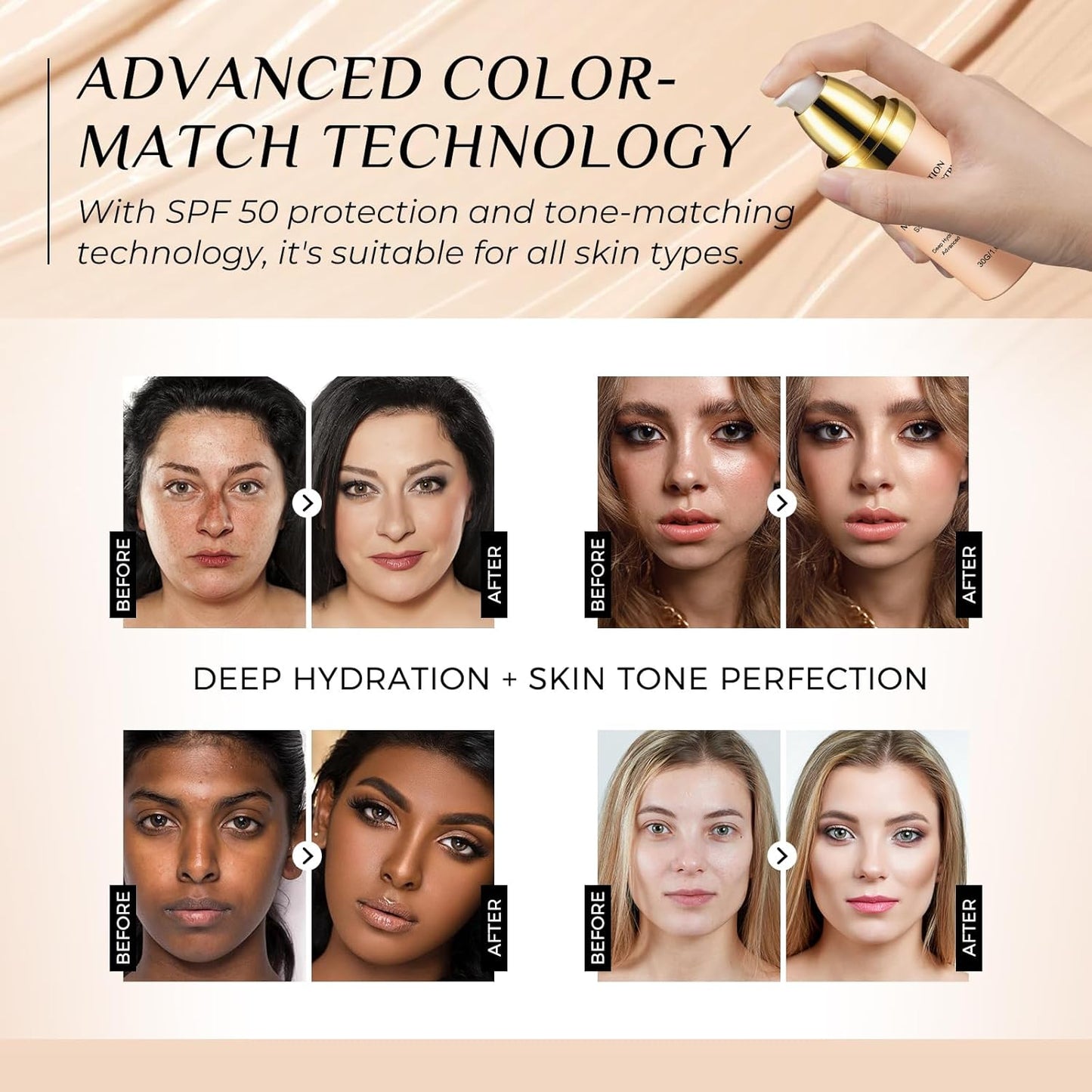 Foundation 4 in 1 Medium Spectrum - Hydrating Color Changing Formula with SPF 50 | 1.05 Fl Oz