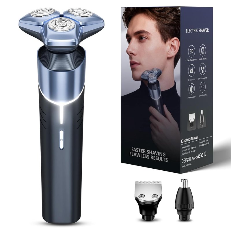 Electric Razor for Men - 3-in-1 Shaver with Hair Clipper | Sapphire Blue Design