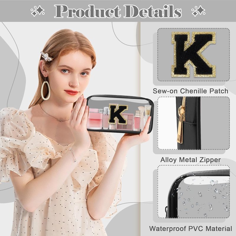 Personalized Initial Letter Clear Makeup Bag - Preppy Nylon & PVC Cosmetic Zipper Bag | Travel Toiletry Organizer for Teens & Women, Monogrammed Gift