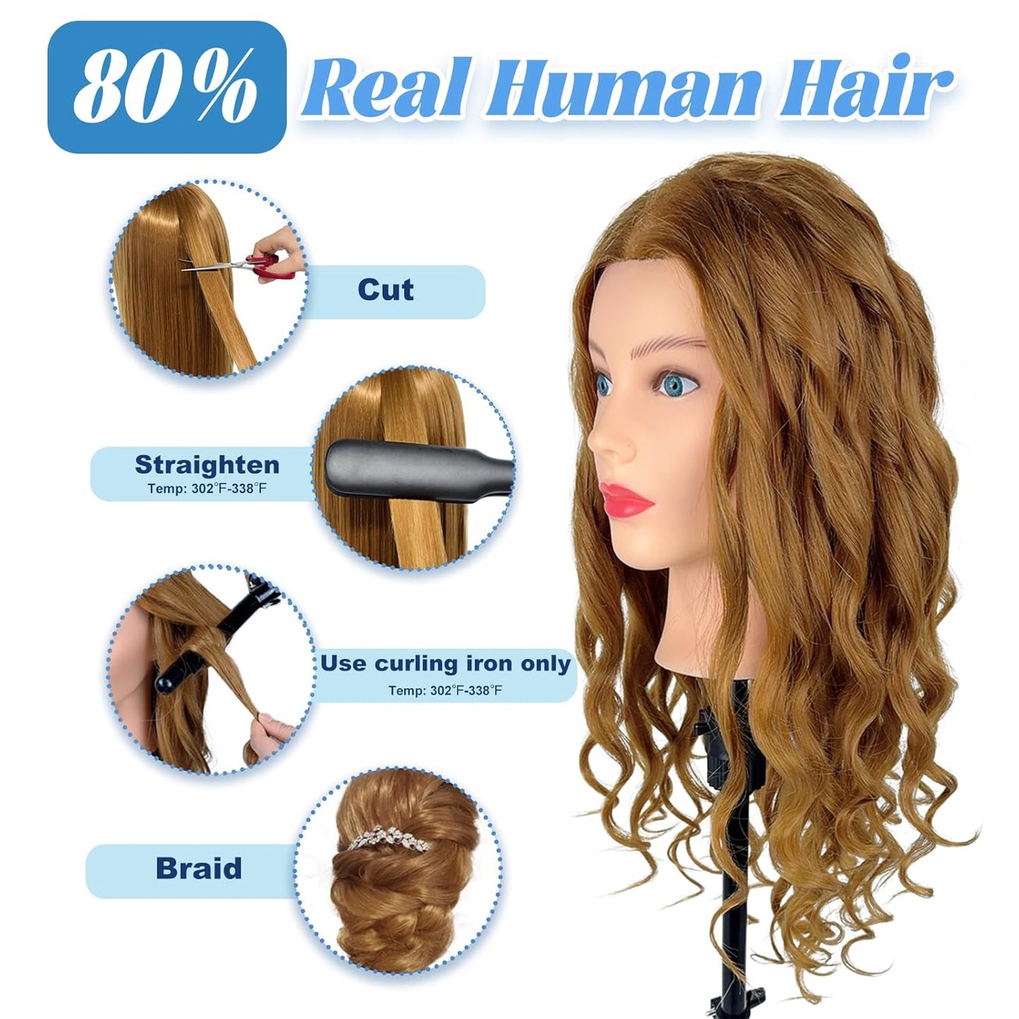 Human Hair Mannequin Head - 80% Real Hair Cosmetology Doll for Hairdresser Practice | Amber Brown with Tripod Stand & Clamp