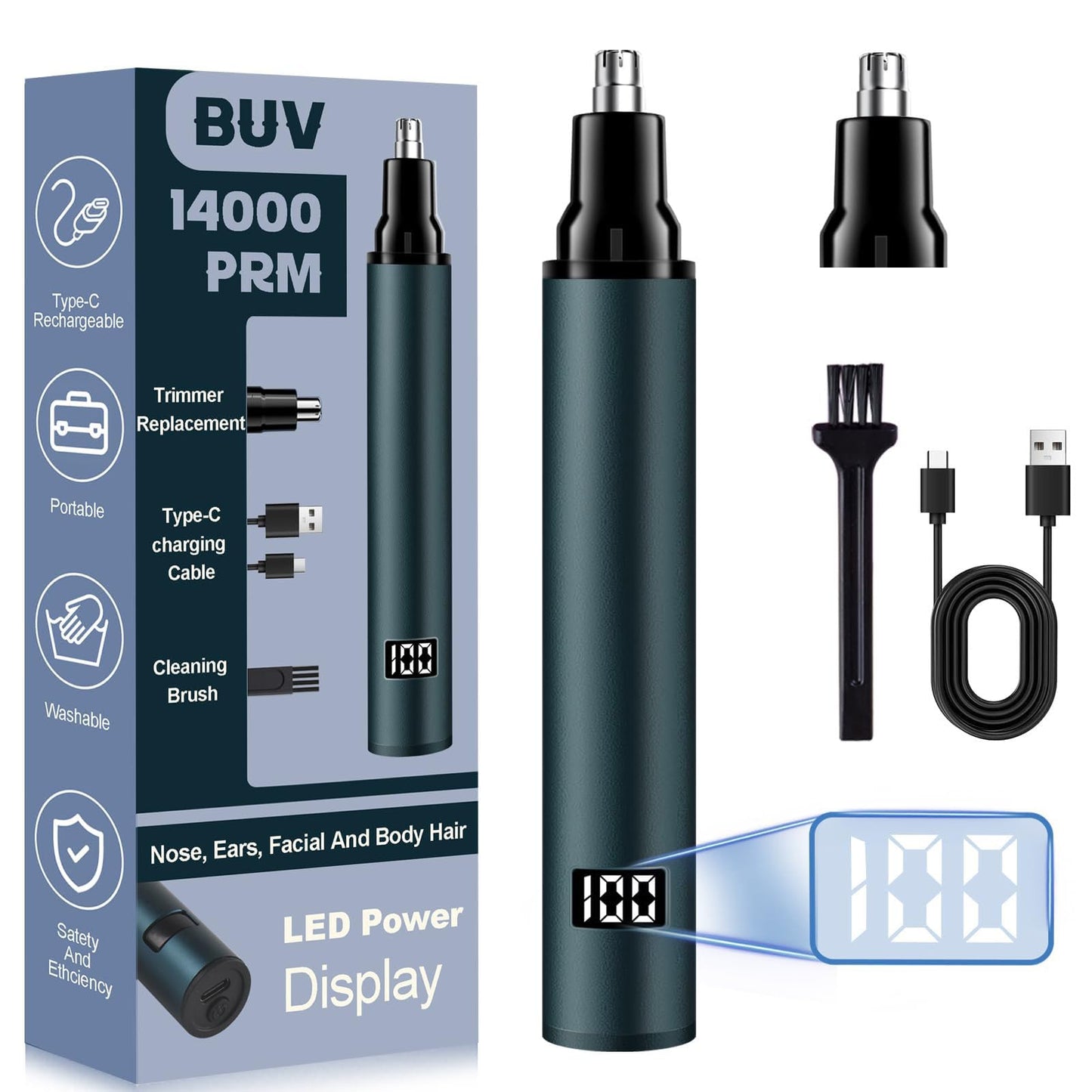 BUV Nose Hair Trimmer with LED Display- 2025 Professional Painless Ear Hair Trimmers for Men and Women, USB Rechargeable Nose Hair Trimmer Clipper – Waterproof, Blue