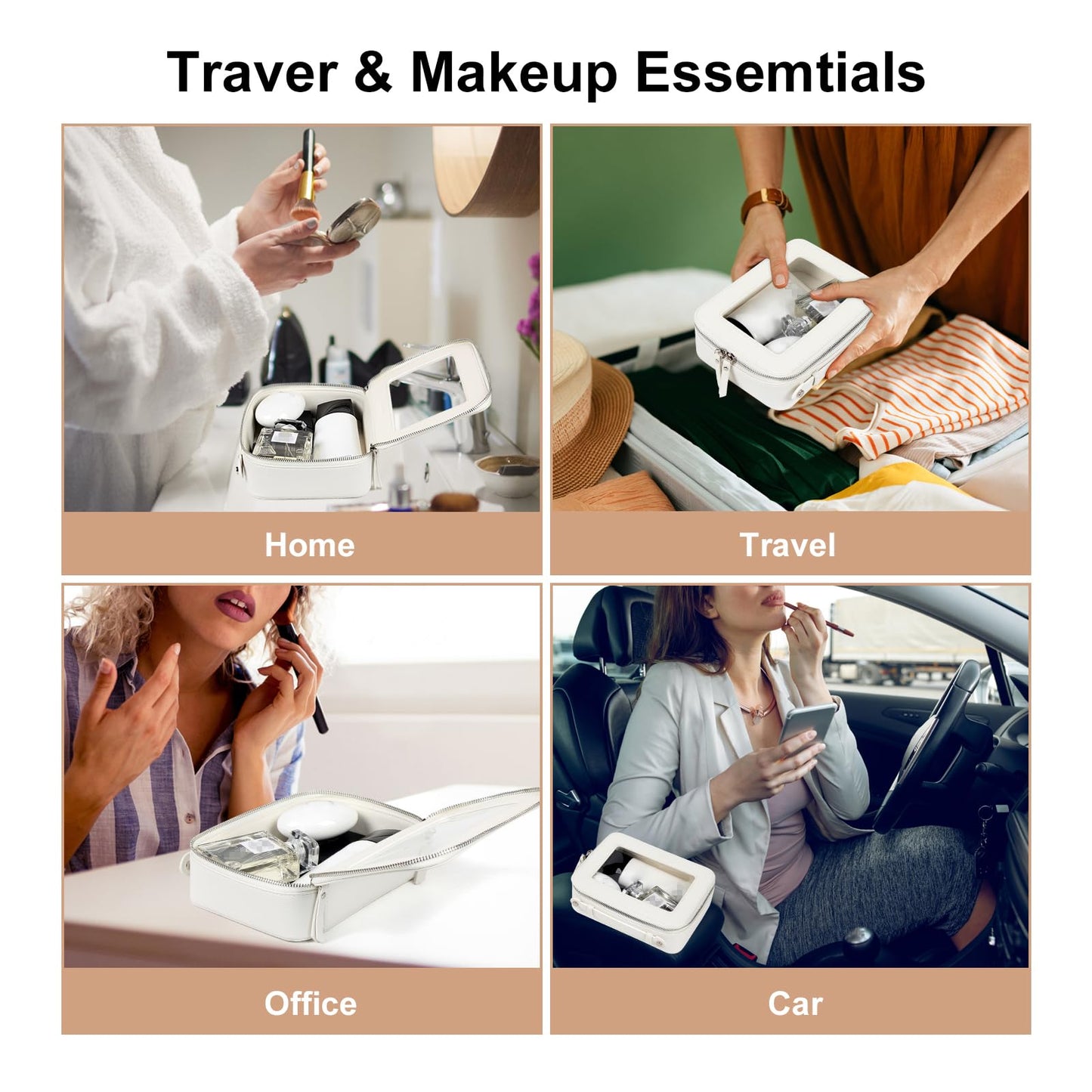 EcoVision Clear Makeup Bag, Travel Cosmetic Accessory Bag, Toiletry Organizer Bags for Women, Portable Waterproof Zipper Cosmetic Bag with Transparent Window, White