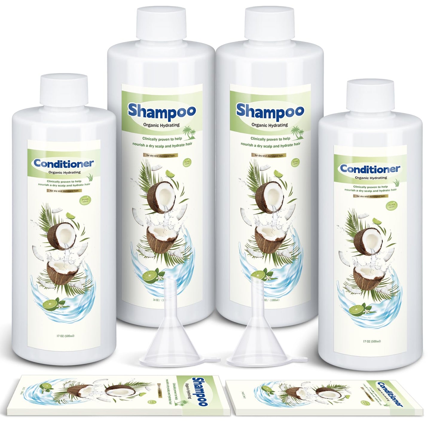 SiliFine 4 Pcs Extra Large Plastic Flask Kit 17 oz 34 oz Empty Shampoo Conditioner Bottles Funnel Flasks Kit Bottle Leak Proof Cruise Bottle Plastic Container, Bottles for Beach Cruise Ship Essentials