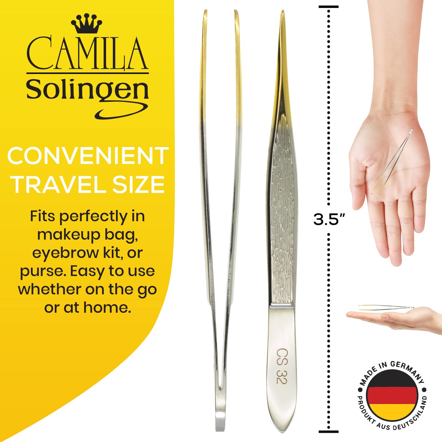 Camila Solingen CS32 3 1/2" Gold Tipped, Surgical Grade, German Carbon Steel Tweezers (Pointed) - Flawless Eyebrow and Facial Hair Shaping and Removal for Men/Women