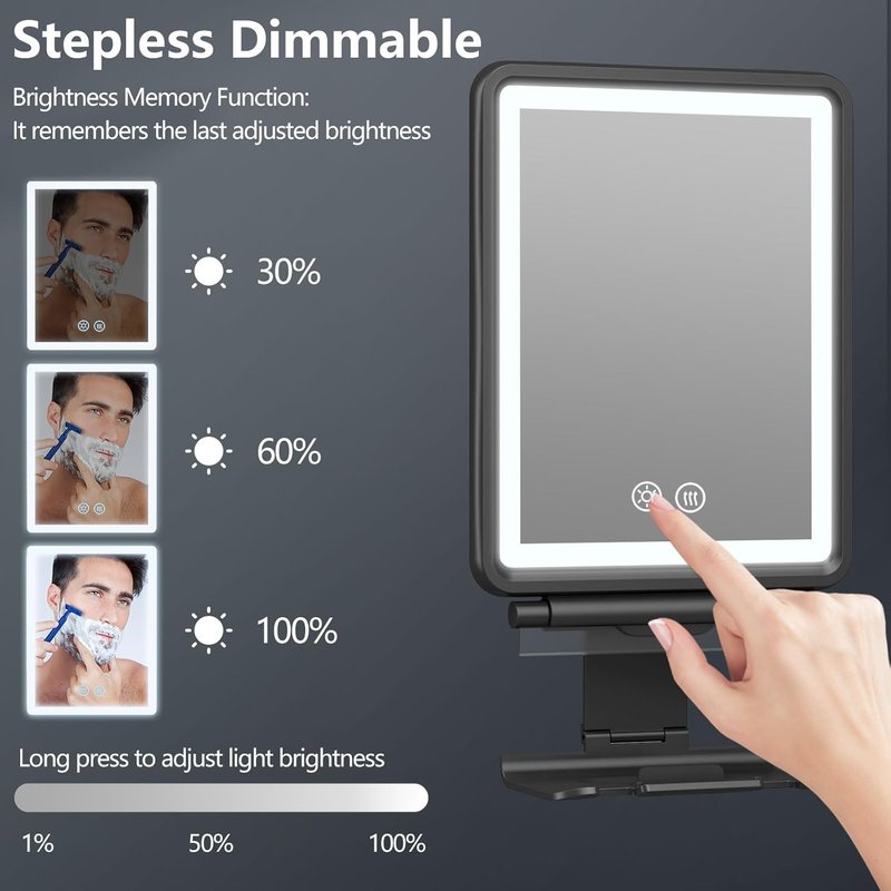Heated Shower Mirror - Fogless Shaving Mirror with Dimmable Lights | Rechargeable Anti-Fog Design, Razor Holder Included