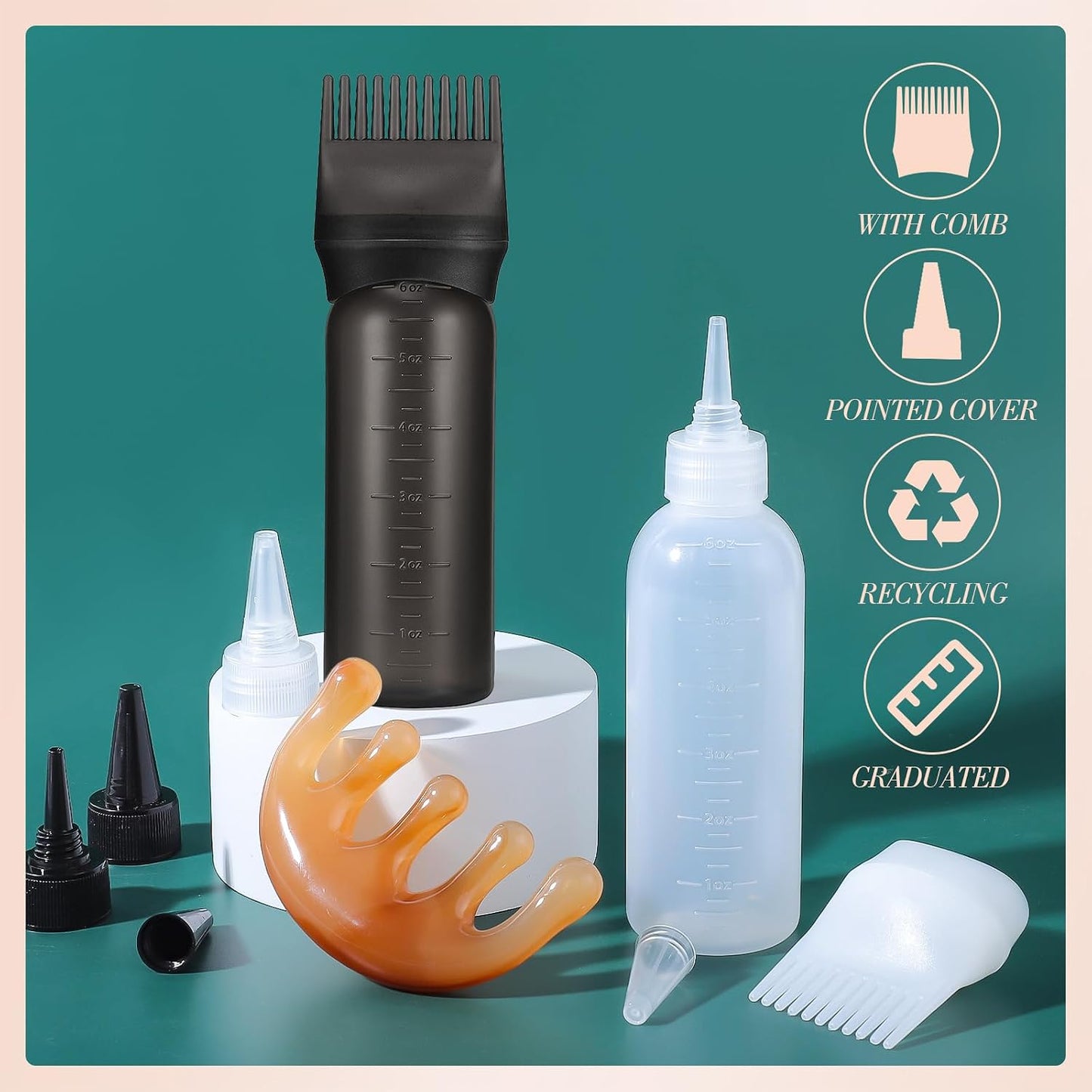 Hair Oil Applicator Bottle - Scalp & Root Comb Dye Squeeze Tool | 2 Pack (Black, White) with 4 Pointed Mouth Cover