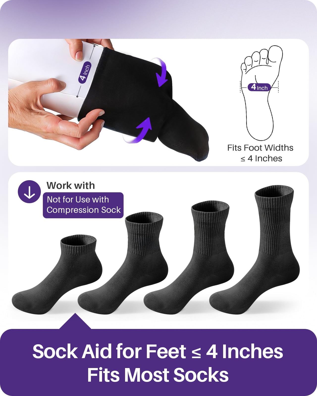 KEKOY 4INCH Sock Aid for Putting on Socks, Sock Assistant Device No Bending with Foam Handles & Long Rope, Sock Helper/Puller Aid Easy Put on for Seniors, Disabled, After Surgery Recovery(White)
