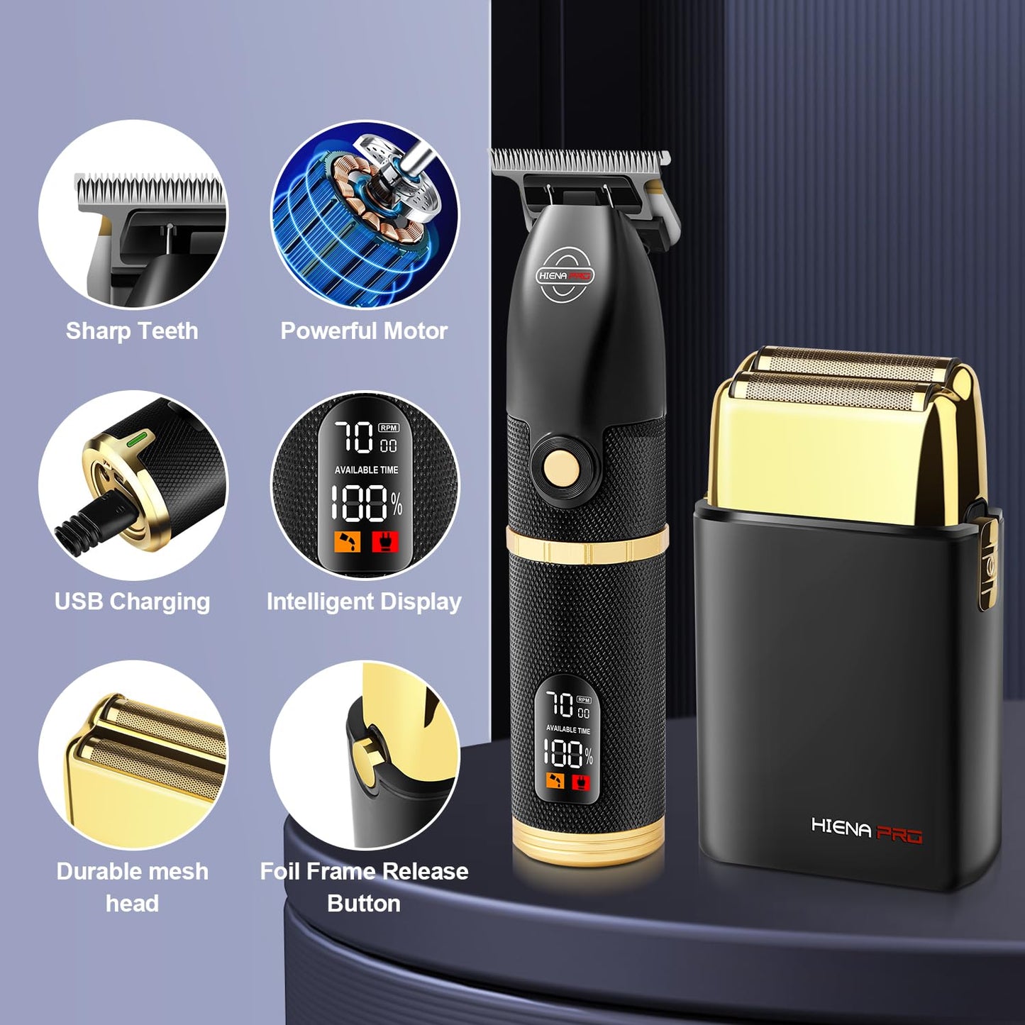 HIENA PRO Hair Trimmers and Foil Shaver for Men Kit,Men Professional Cordless Barbers Hair Clippers with LCD Display,Black Gold Zero Gapped Hair Trimmer, Double Foil Shaver