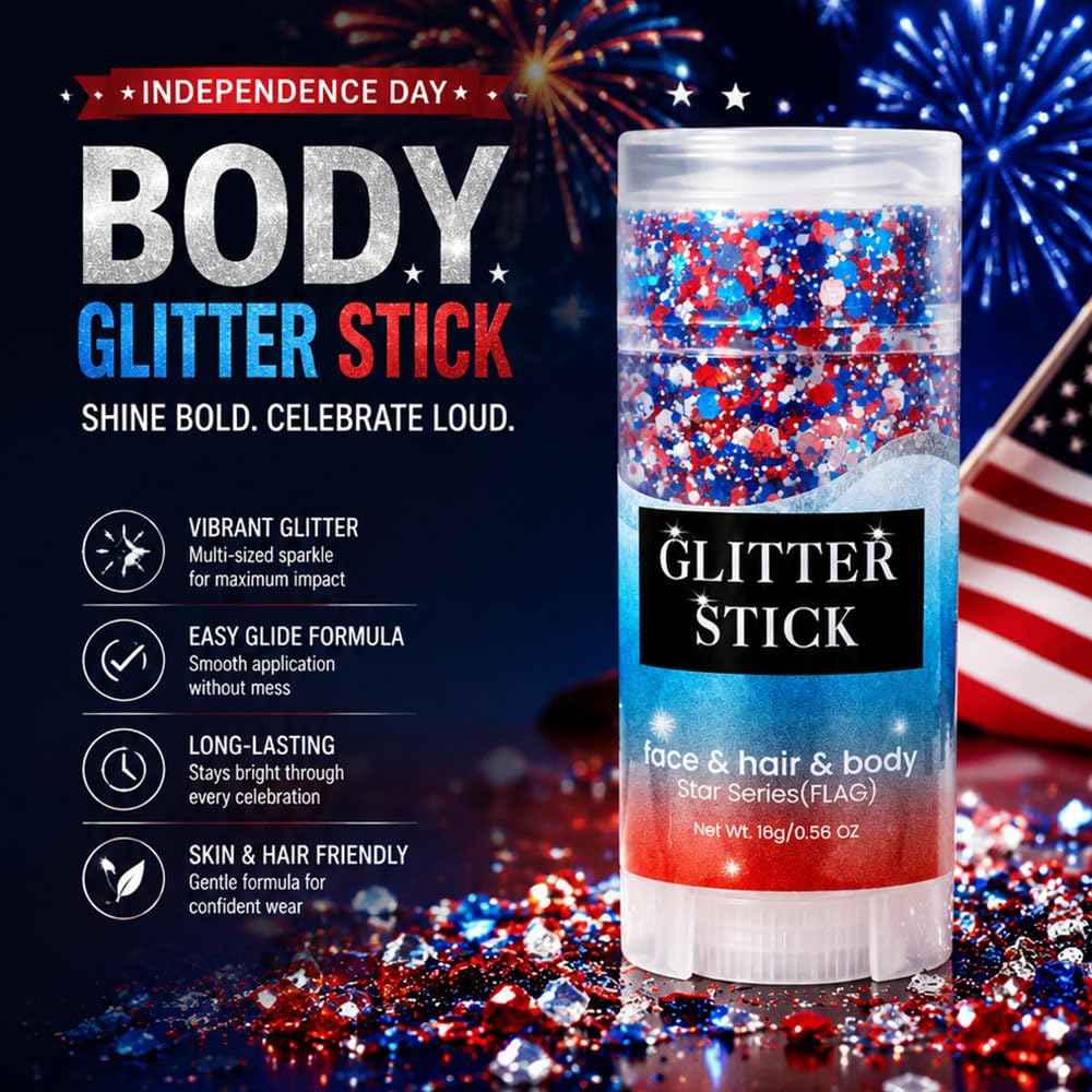 4th of July Glitter Stick, 2026 New Patriotic Red White and Blue Face Hair Body Glitter Stick, 4th of July Accessories Sparkling Glitter Makeup for Fourth of July Outfit Independence Memorial Day (1)