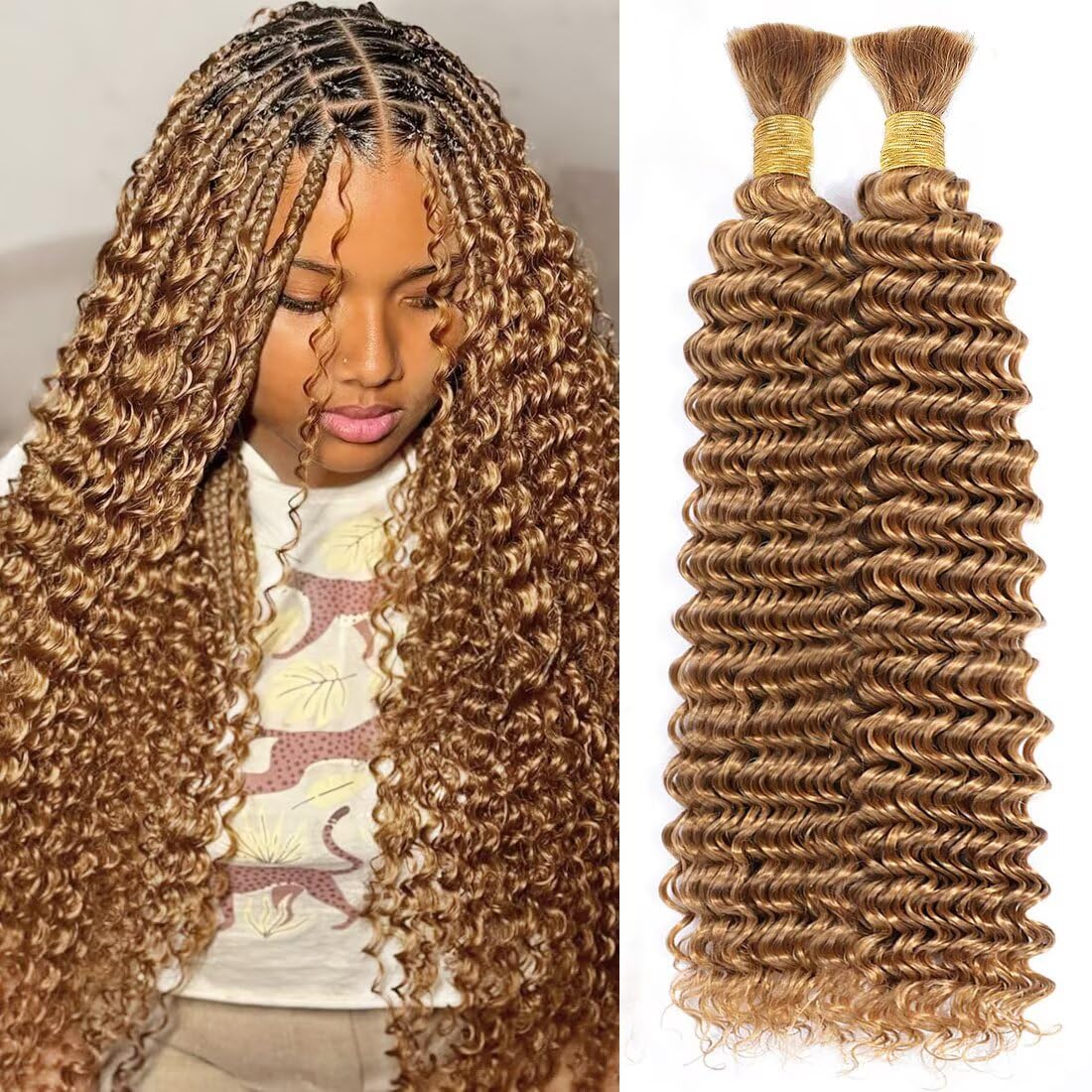 Unprocessed Human Hair for Braiding - #4/30 Brown with Auburn Highlights | 22 Inch, 100g, 2 Bundles, Curly Bulk Hair Extensions