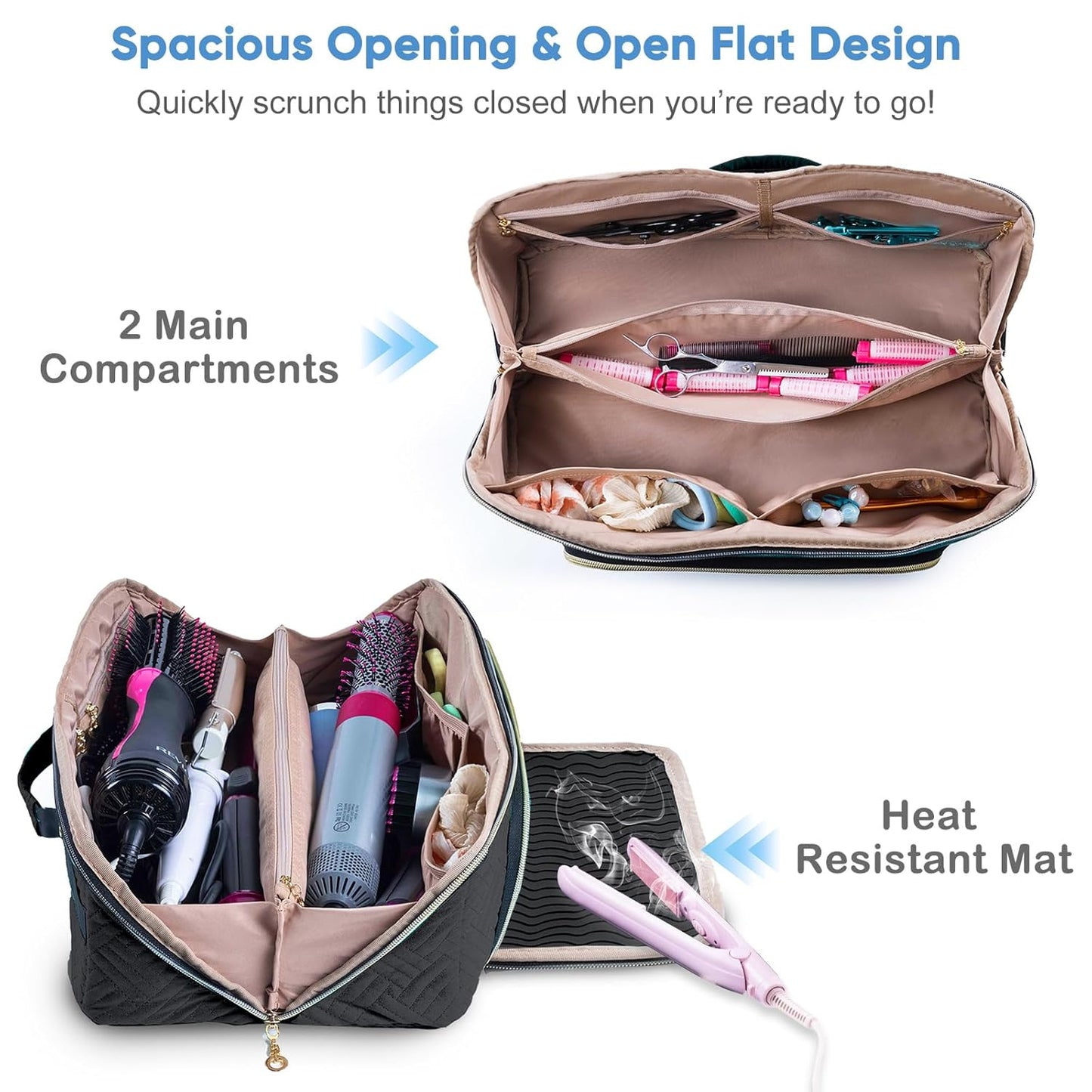 Large Hair Tools Travel Bag - 2-in-1 Organizer for Hair Dryer, Flat Irons & Curling Irons | Perfect for Travel Essentials