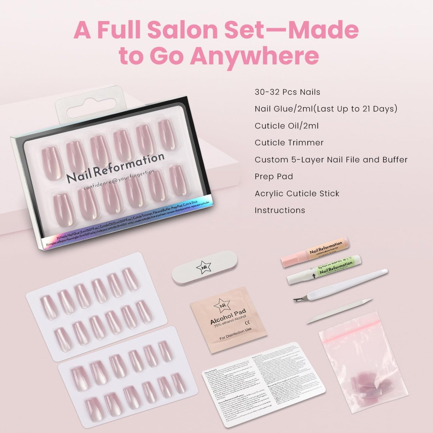 Nail Reformation Press On Nails - Dusty Rose Mauve Coffin Nails | Reusable Cat Eye Velvet Finish, 32 Pcs in 16 Sizes