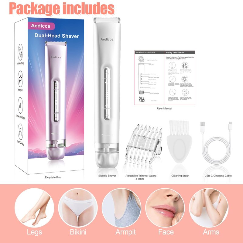 Bikini Trimmer for Women 2 in 1, Dual Head Womens Electric Shaver, Electric Razors for Pubic Hair, IPX7 Waterproof Rechargeable Facial Hair Removal for Shaving Underarm Leg Arm Body Face, White