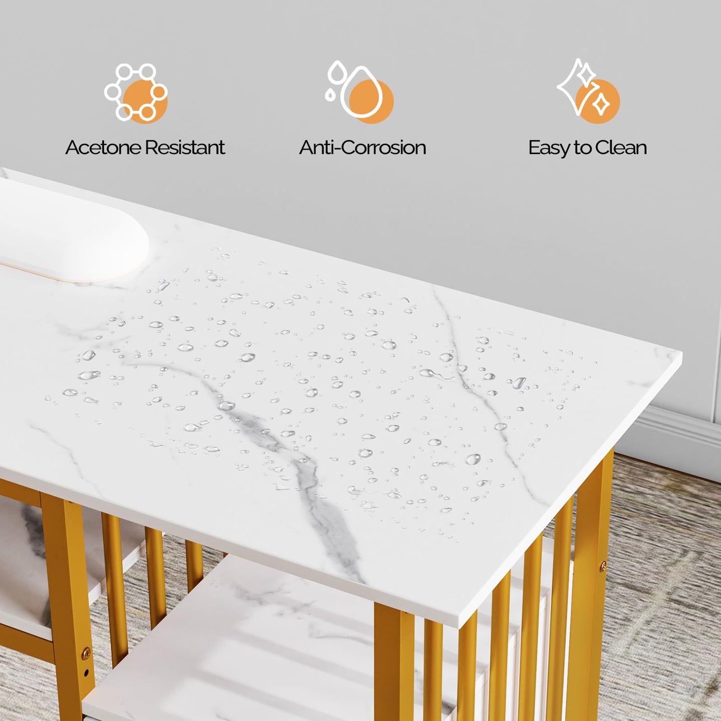 OmySalon Manicure Table w/Wooden Drawer Storage, Gold & White Marbling Nail Desk for Nail Technicians, Nail Station for Salon Spa Beauty Makeup, Acetone Resistant, 43.3'' L W/O Dust Collector