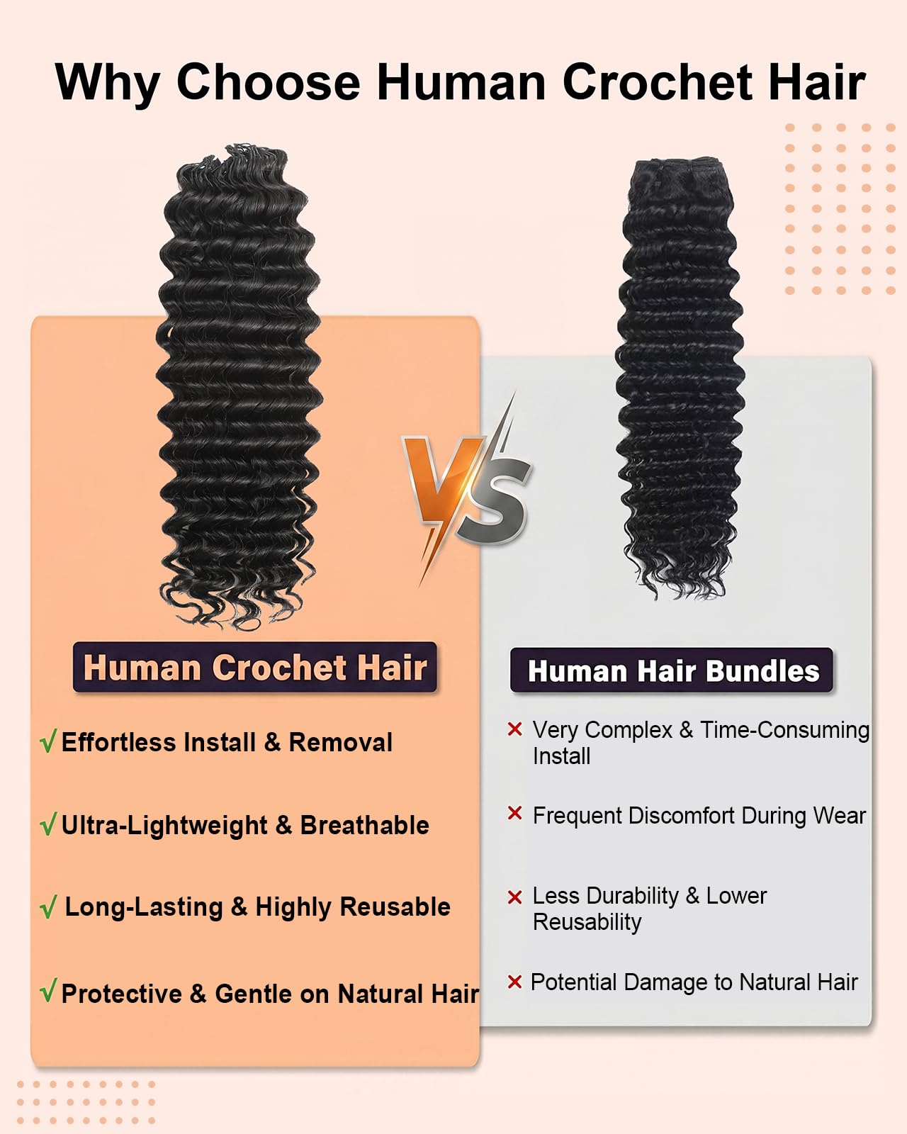 Deep Wave Human Crochet Hair for Black Women, 18 Inch 50g Feather Miracle Knots Crochet Human Hair, Pre-Separated Lightweight Bundles,50 Strands Reusable Hair Extensions for Women,Natural Black
