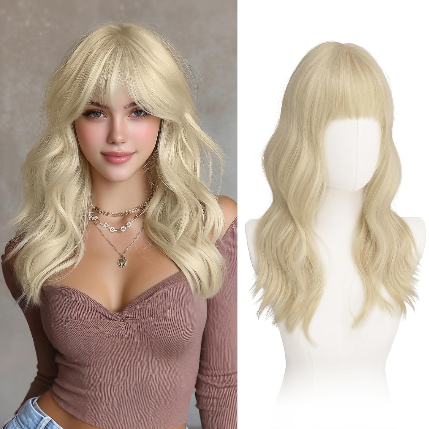 Brown Wigs with Bangs - 20 Inch Soft Wavy Synthetic Heat Resistant Hair Wig for Women | Blonde Mixed Brown