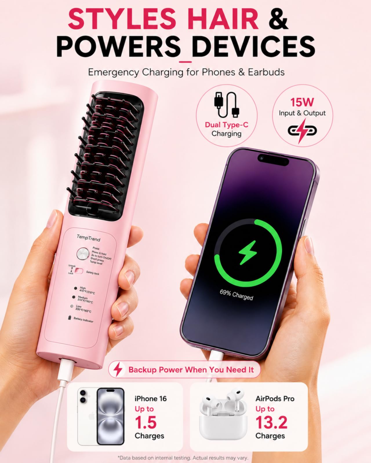 Cordless Hair Straightener Brush, Portable Straightener with Ionic Hair Brush Care, Fast Heated Styling, 3 Heat Levels, and Anti-Scald Care for Travel, Office, and Hotel, Gift for Women, Mirage Pink