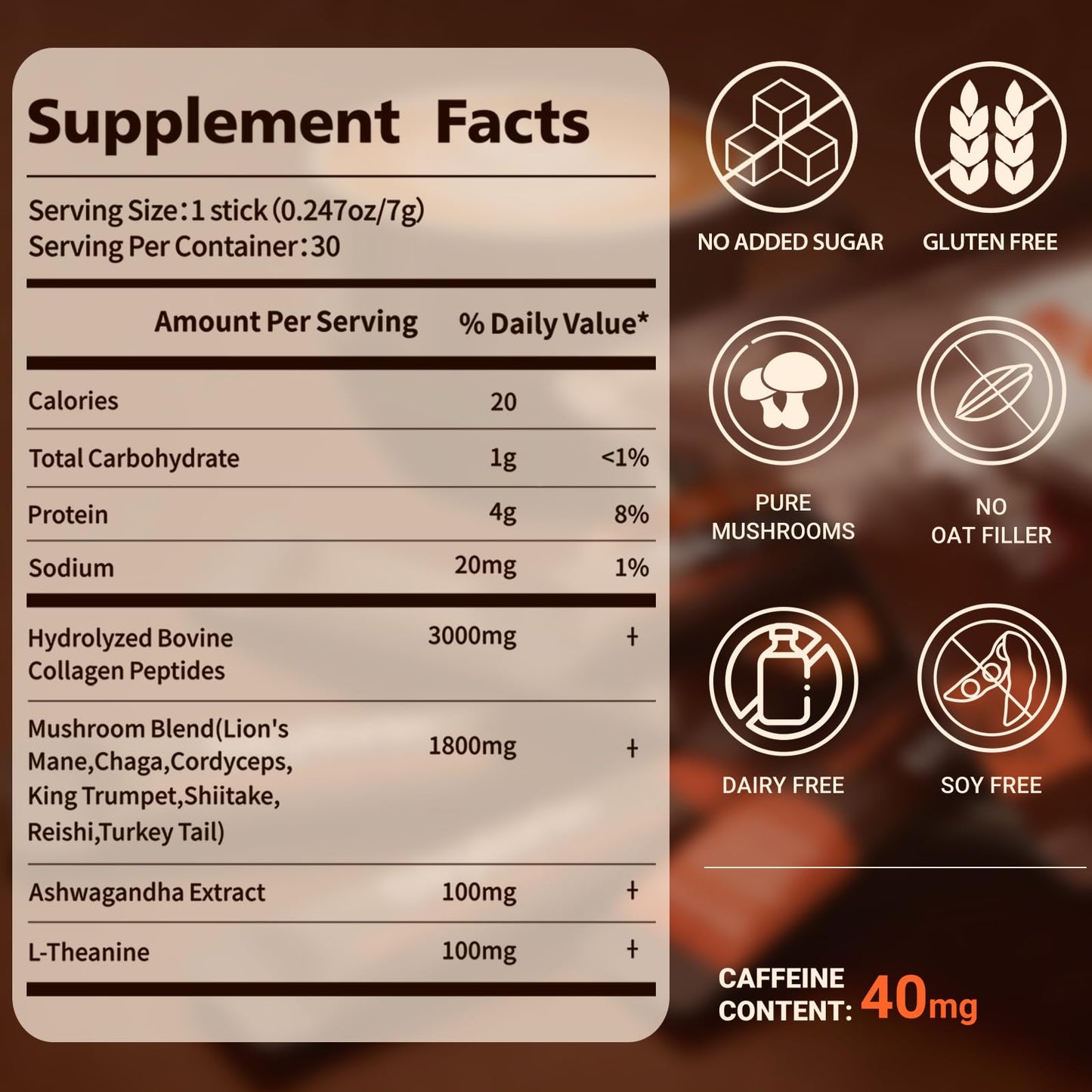Skylorin 30 Sticks Mushroom Coffee - 7 Adaptogenic Mushrooms & 3000mg Collagen, Ashwagandha & L-Theanine - Smooth Low-Acid Instant Coffee Packets for Focus, Energy, Digestion, Skin & Immune Support
