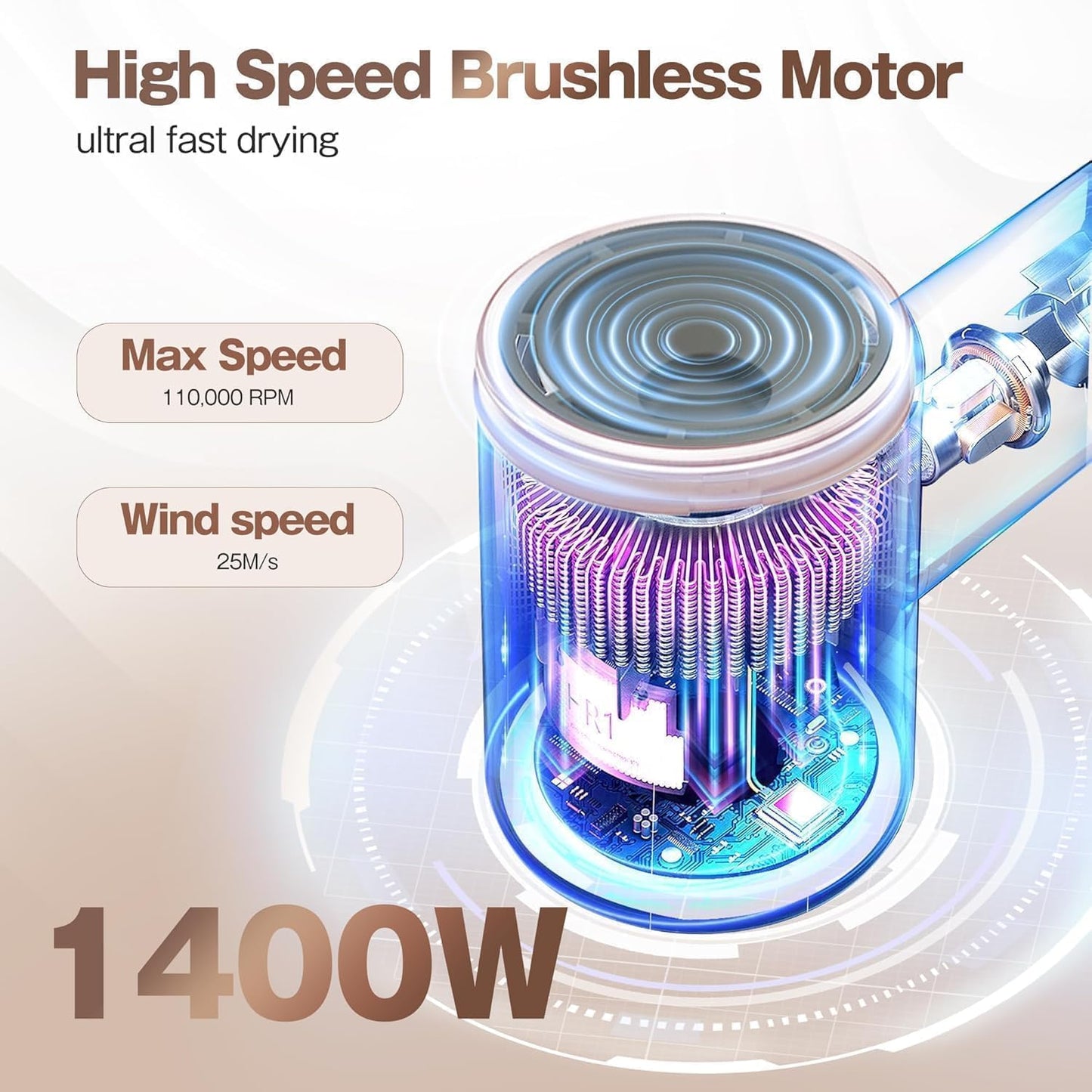 High-Speed Ionic Hair Dryer - Quiet Compact Blow Dryer with Brushless Motor | Pink, Fast Drying & Travel-Friendly