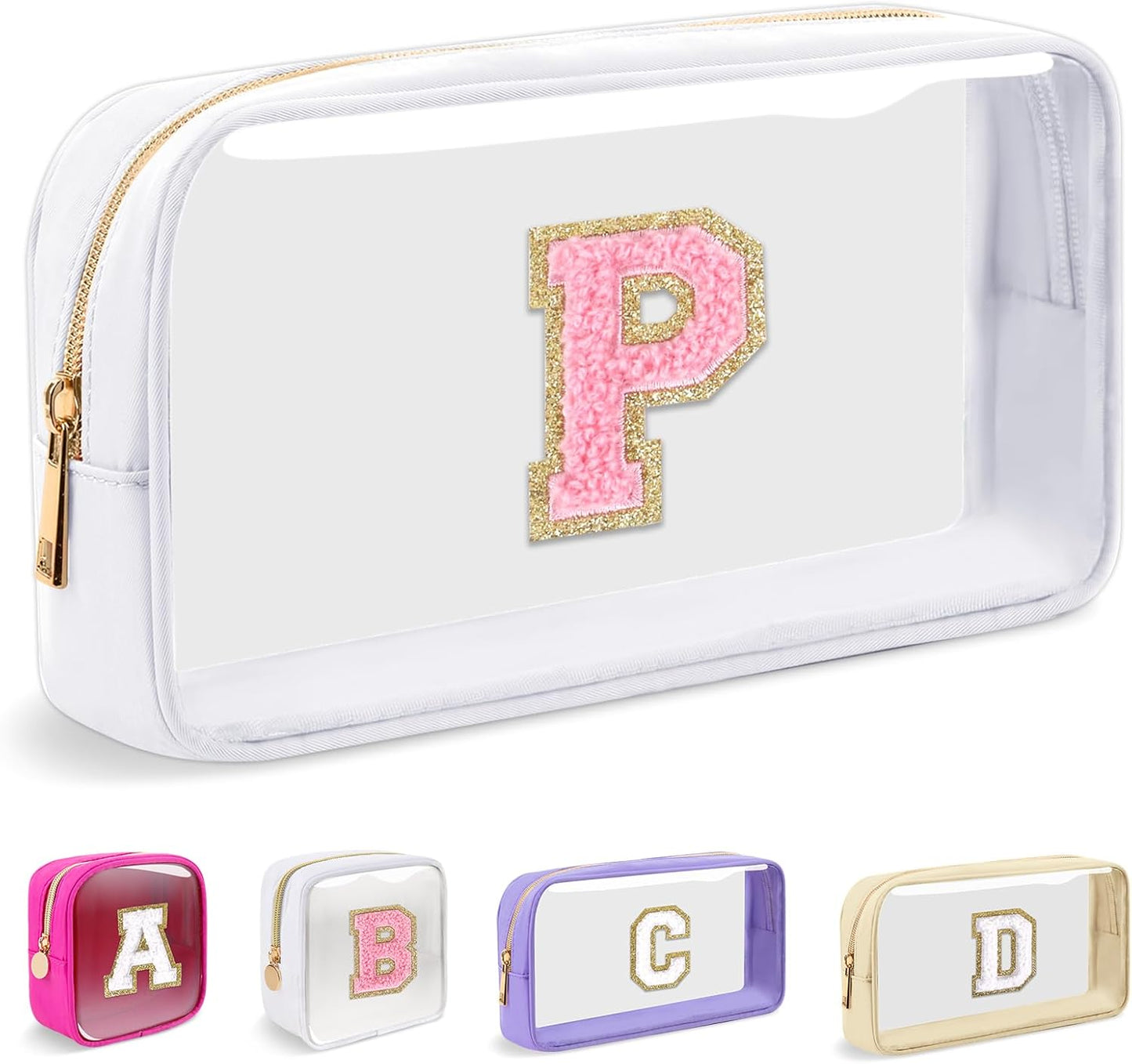 Personalized Initial Makeup Bag - Waterproof Nylon Cosmetic Pouch | A-Z Chenille Letter Patch, White-Pink G