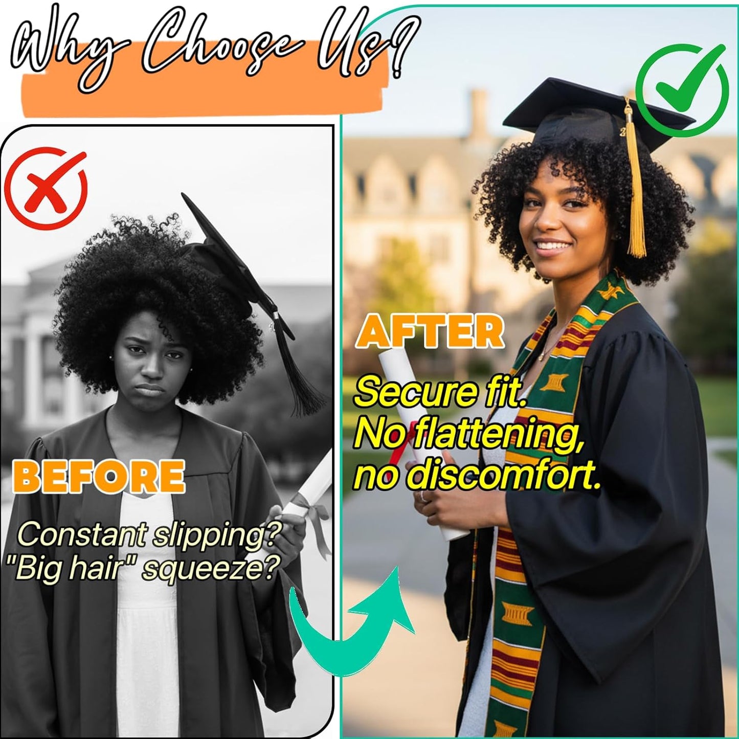 Graduation Cap Headband Insert - Secure Fit for Curly & Thick Hair | No-Slip Design, Black