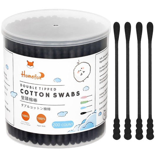Black Cotton Swabs - 200 Count Organic Spiral Cotton Buds | Soft, Lint-Free Charcoal Tips
