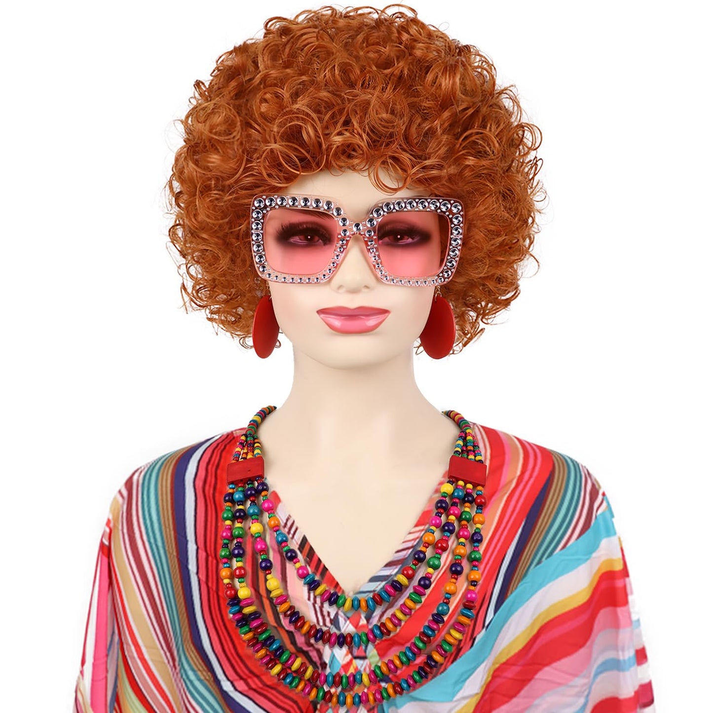Short Curly Red Orange Wig Set - Includes Pink Sunglasses, Rainbow Necklace, Earrings & Bracelets | Perfect for Halloween Cosplay