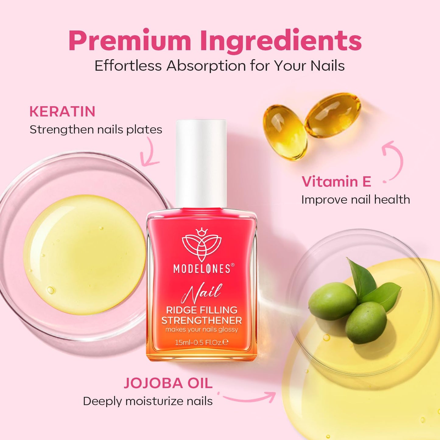 Nail Strengthener & Growth Sheer Pink Polish - Extra Strong Ridge Filler for Damaged Nails | 15ml