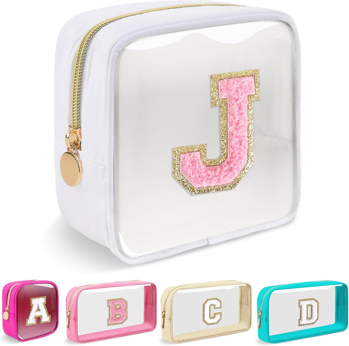 Personalized Initial Makeup Bag - Waterproof Nylon Cosmetic Pouch | A-Z Chenille Letter Patch, White-Pink G