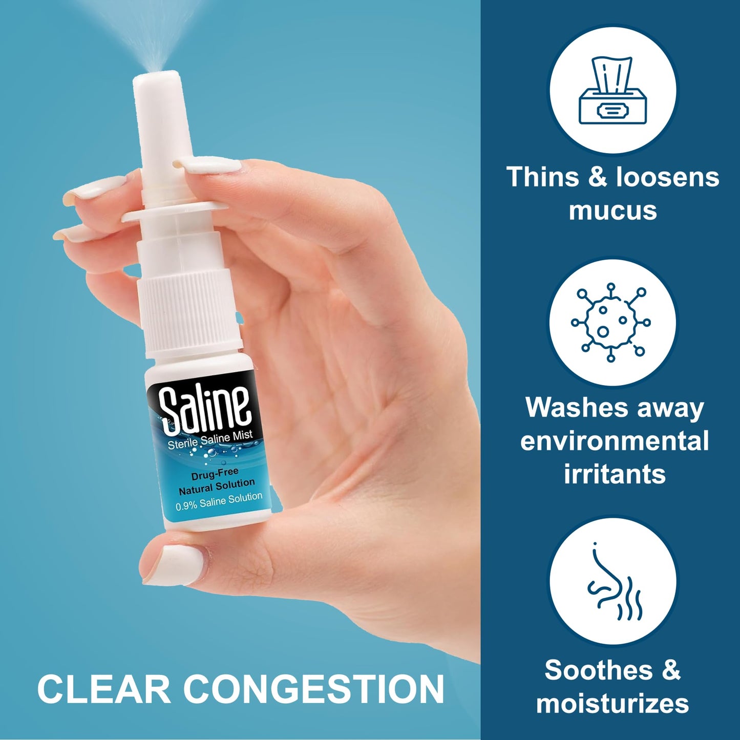 Saline Spray for Nose - Nasal Spray Saline Solution for Newborn, Baby & Adults, Salt Water Decongestant Mist for Stuffy Nose, Travel Friendly, Natural, 0.9% Saline - 30 ml (Pack of 3)