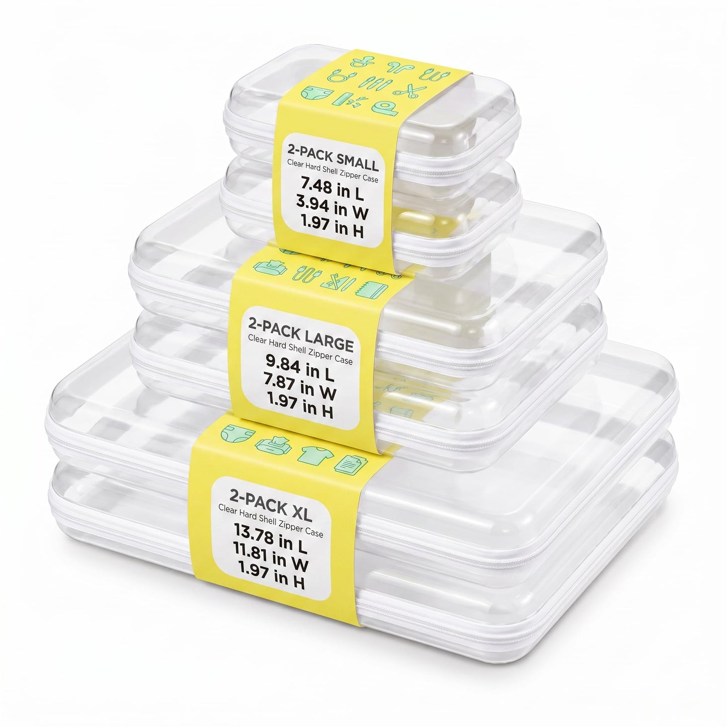 pakkabuu 6 Pack Mixed Size White Clear Hard Shell Zipper Case, Diaper Bag Organizer Pouches, Water-Resistant Storage Bins for Board Games, Toys, Cables, Crafts, Toiletries, Travel, 2XL 2L 2S
