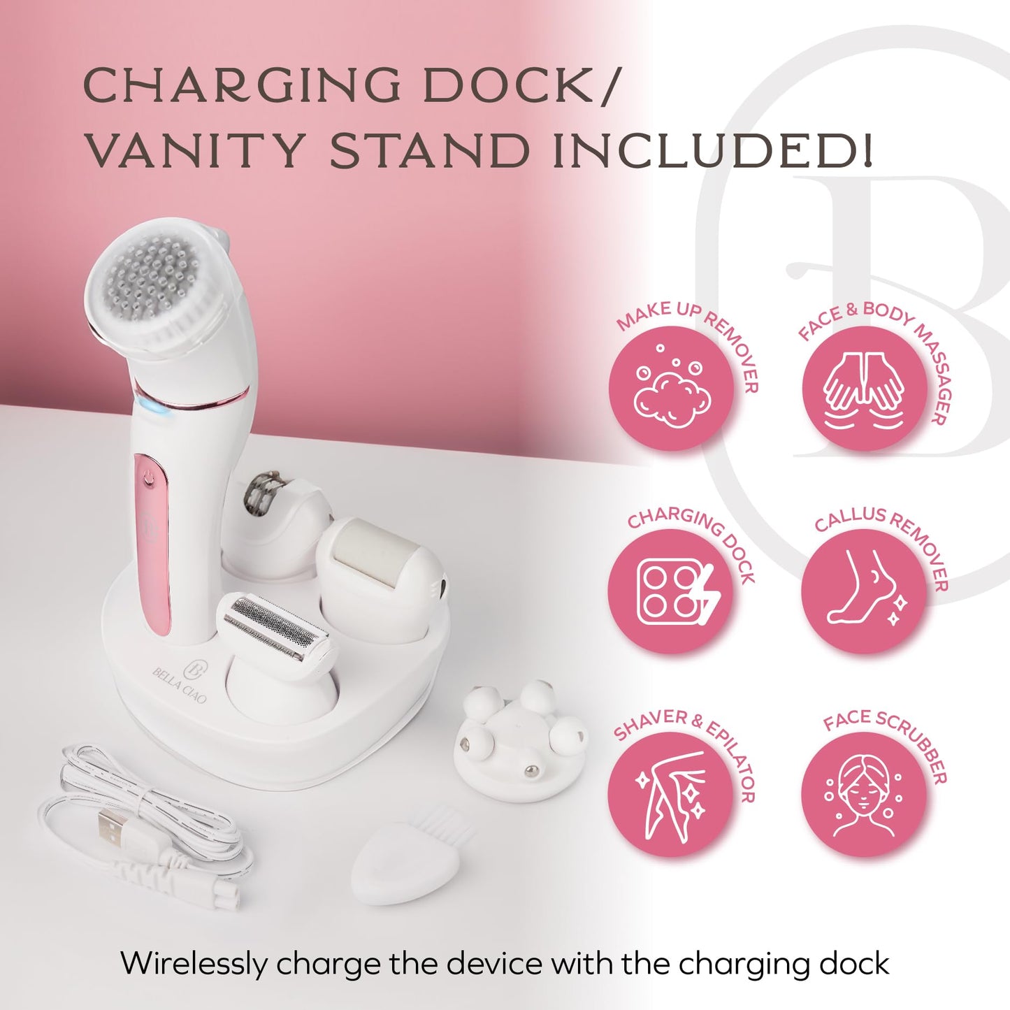Bella Ciao 10-Piece Rechargeable Epilator Kit for Women, Wet Dry Hair Removal Device with Bikini Trimmer, Facial Brush, Callus Shaver, Foil Shaver, IPX6 Waterproof