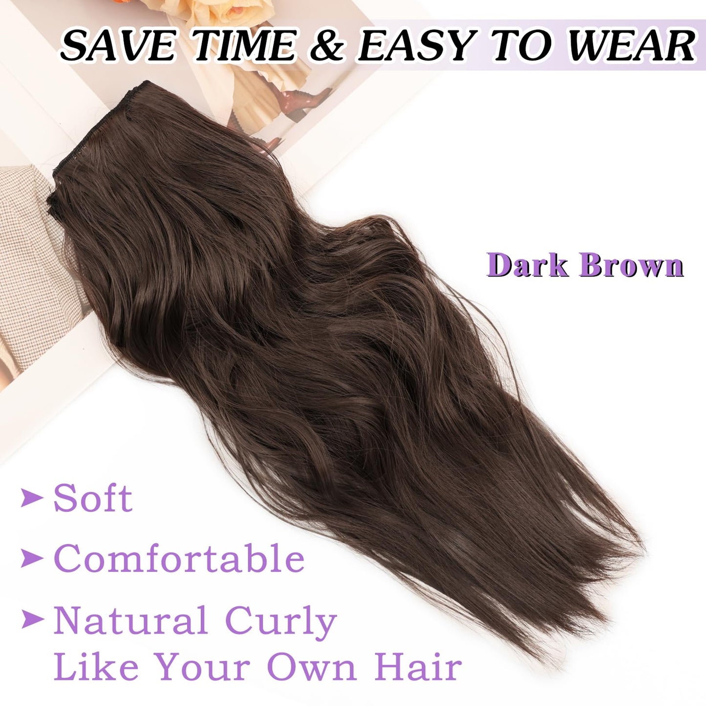 NAYOO 4PCS Clip in Hair Extensions Long Wavy Curly Synthetic Thick Hairpieces Dark Brown for Women with Fiber Double Weft Hair Full Head（16 Inch, Dark Brown）