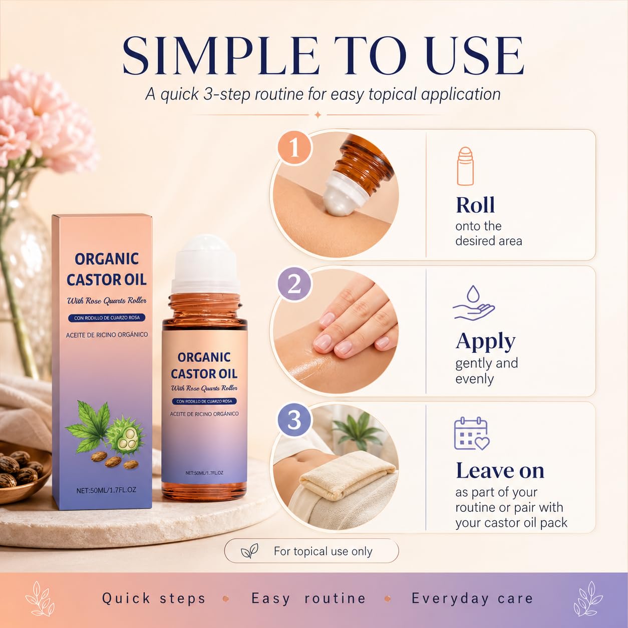 KOJIVA Organic Castor Oil Rose Quartz Roller Ball，100% Pure Cold-Pressed, Moisturizing & Nourishing Castor Oil for Skin, Hair, Eyebrows, and Lashes, Roll-On Applicator (1Pcs)