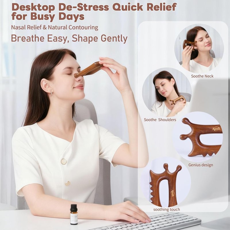 Wooden Gua Sha Massage Tool - Dual Trigger Point Acupressure Massager for Face & Body | Ergonomic Grip for Jawline & Neck Relief
