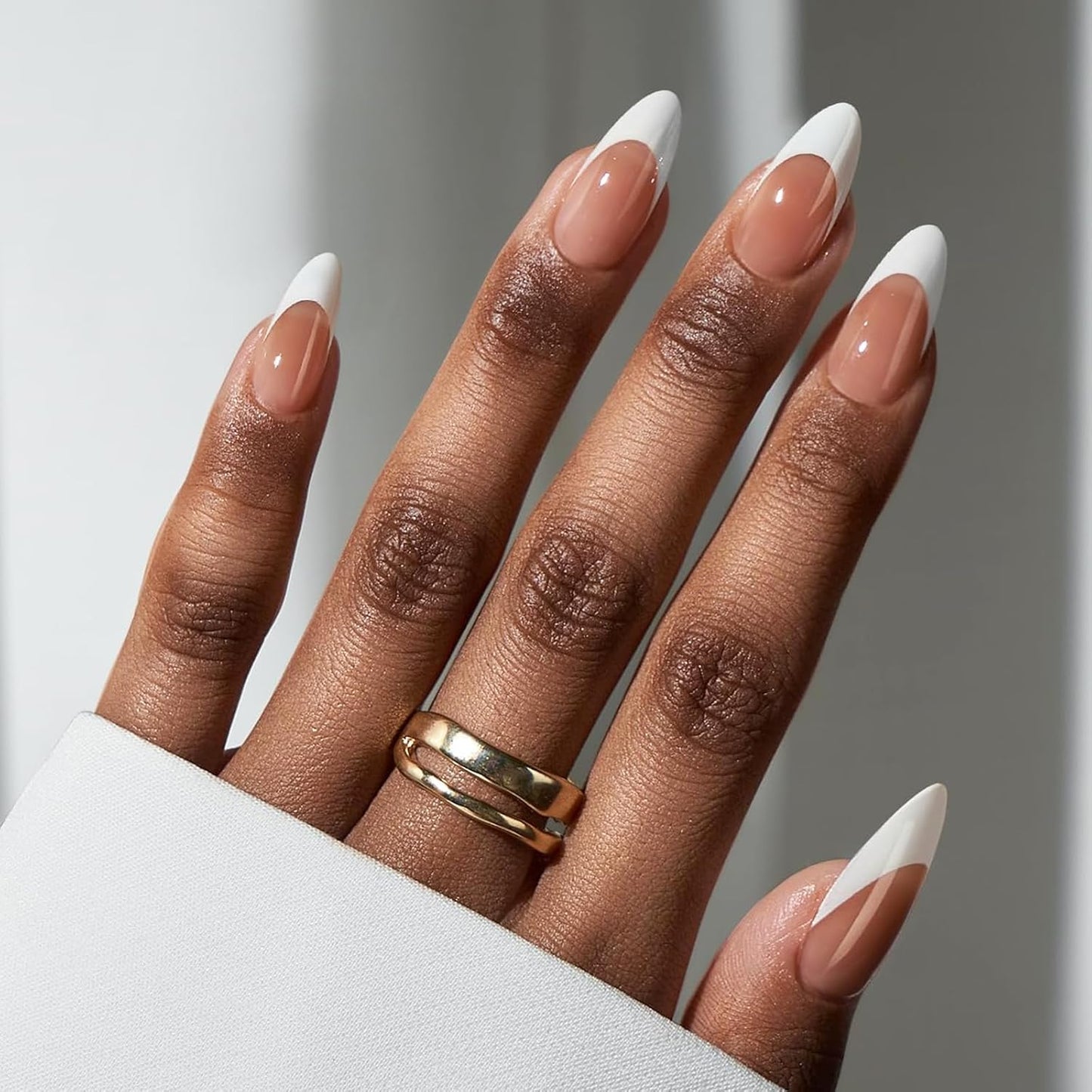 Short Almond Press On Nails - Aurora French Tip, 32 Piece Glue-On Nail Kit | Natural Look, 16 Sizes Available
