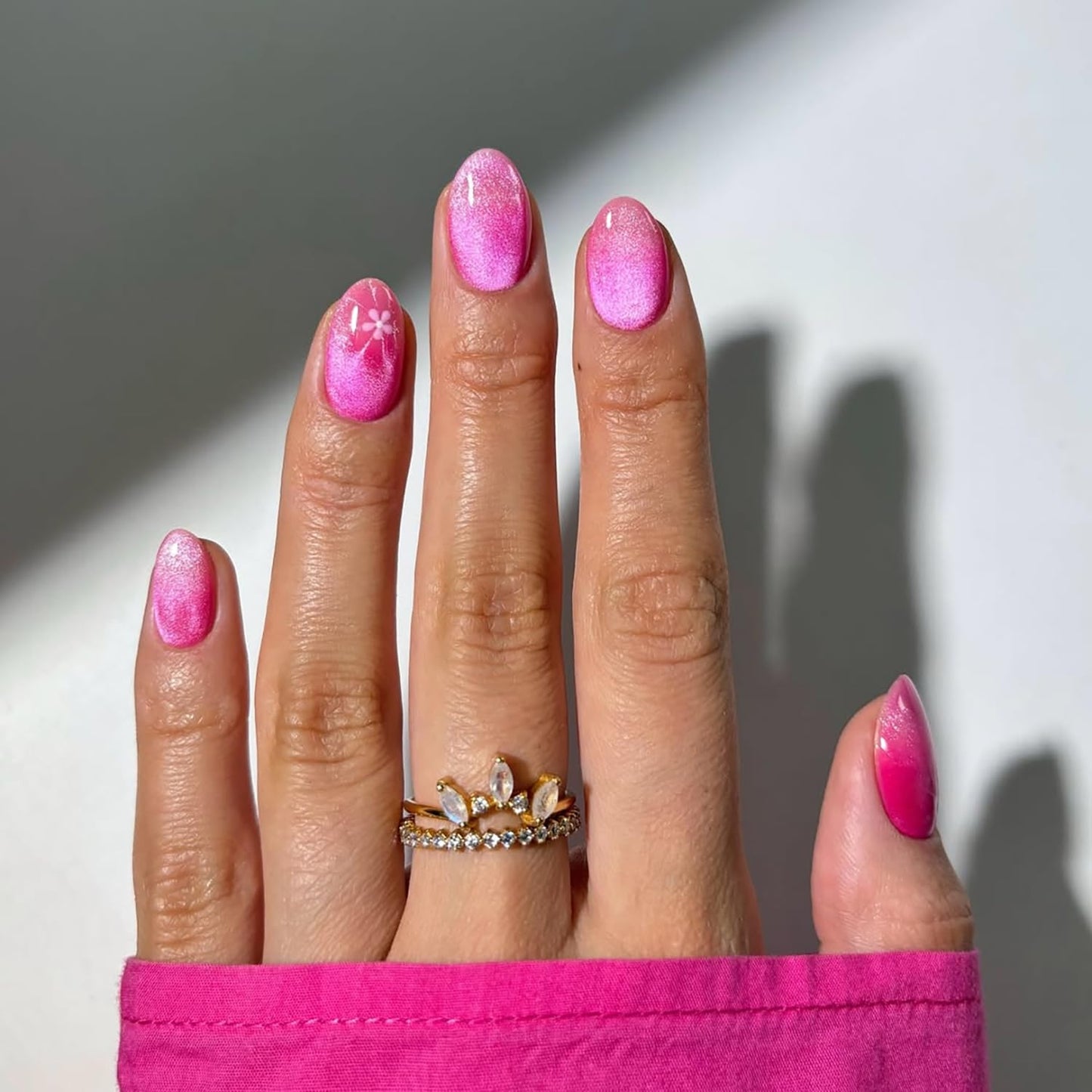 Short Press-On Almond Fake Nails - Rose Pink Acrylic with Glossy Stripe Designs | Reusable Full Cover Nails for Women