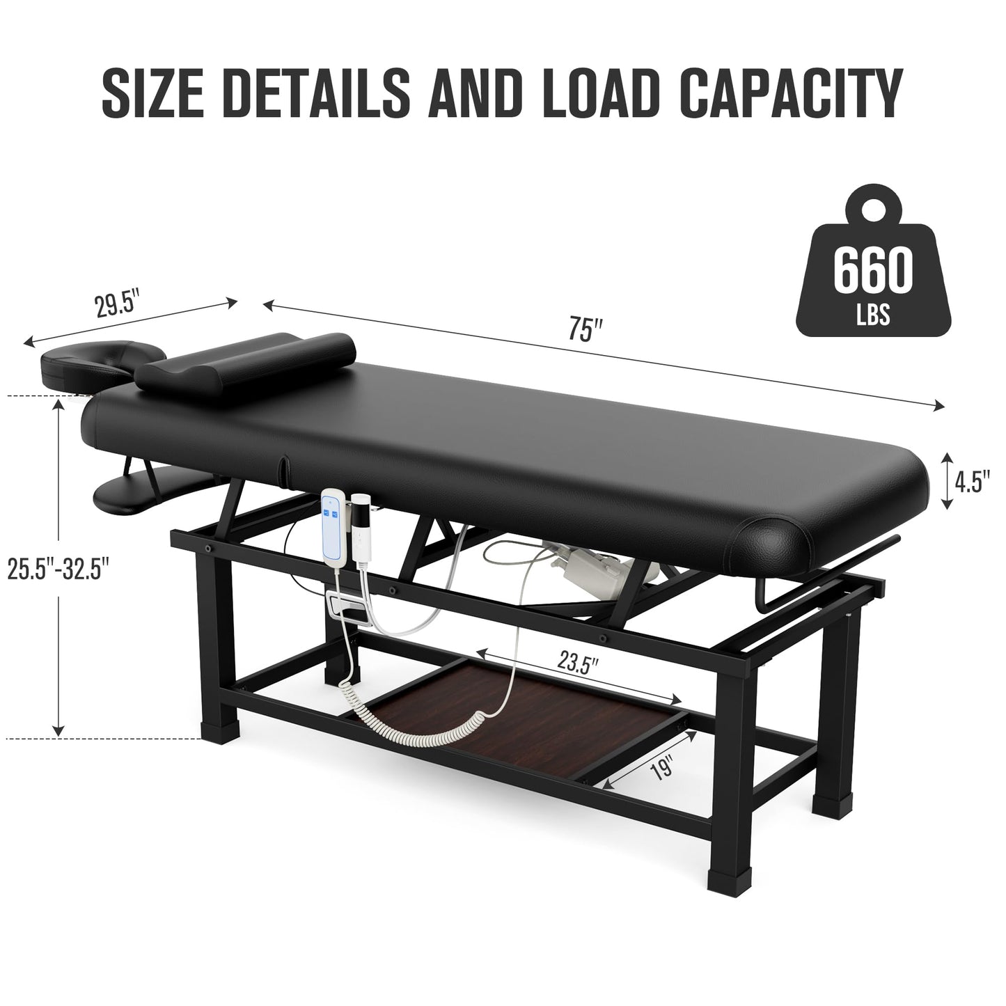 pouseayar Heavy Duty Electric Stationary Massage Table with Heating Function, Backrest Adjustable and Storage Space for Treatment/Medical Spa/Facial/Beauty/Massage Bed - 30 x 75 - Black