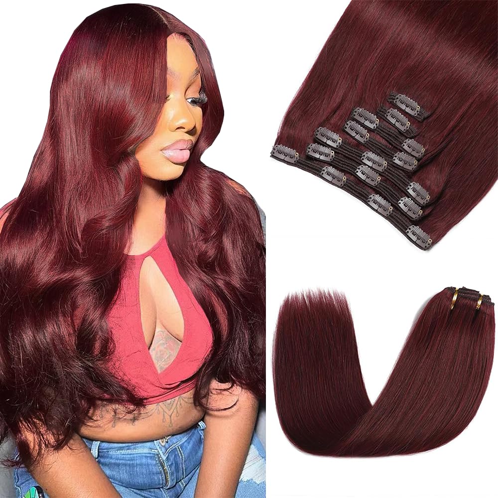 99J Clip in Hair Extensions Real Human Hair, 14 Inch 120g/7Pcs,Full Shine Burgundy Remy Hair,#99J Burgundy Straight Clip ins Hair Brazilian Virgin Human Hair Extensions