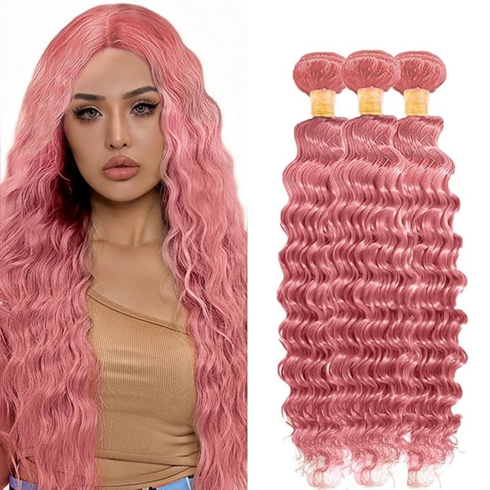Pink Bundles Human Hair Deep Wave Bundles 24 26 28 Inch Unprocessed Brazilian Virgin Hair 3 Bundle Deals Quick Weave Hair Extensions 50 Gram Per Bundle