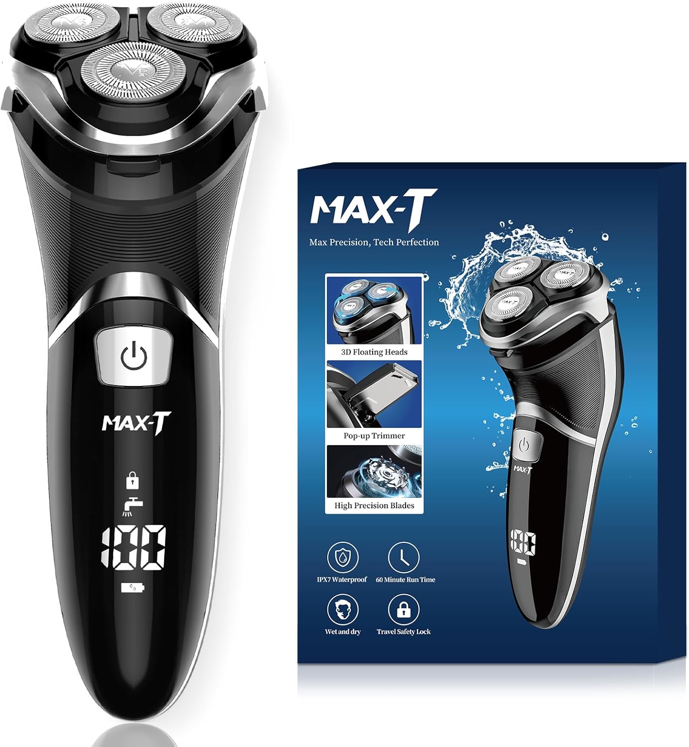 Men's Electric Shaver - 3D Rotary Rechargeable Razor with Pop-Up Trimmer | IPX7 Waterproof, Corded & Cordless