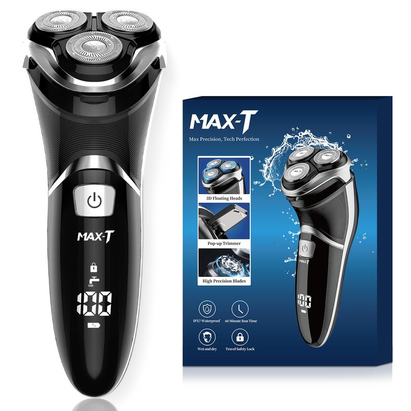 Men's Electric Shaver - MAX-T Corded and Cordless Rechargeable 3D Rotary Shaver Razor for Men with Pop-up Sideburn Trimmer Wet and Dry, IPX7 Waterproof, Plug & Play