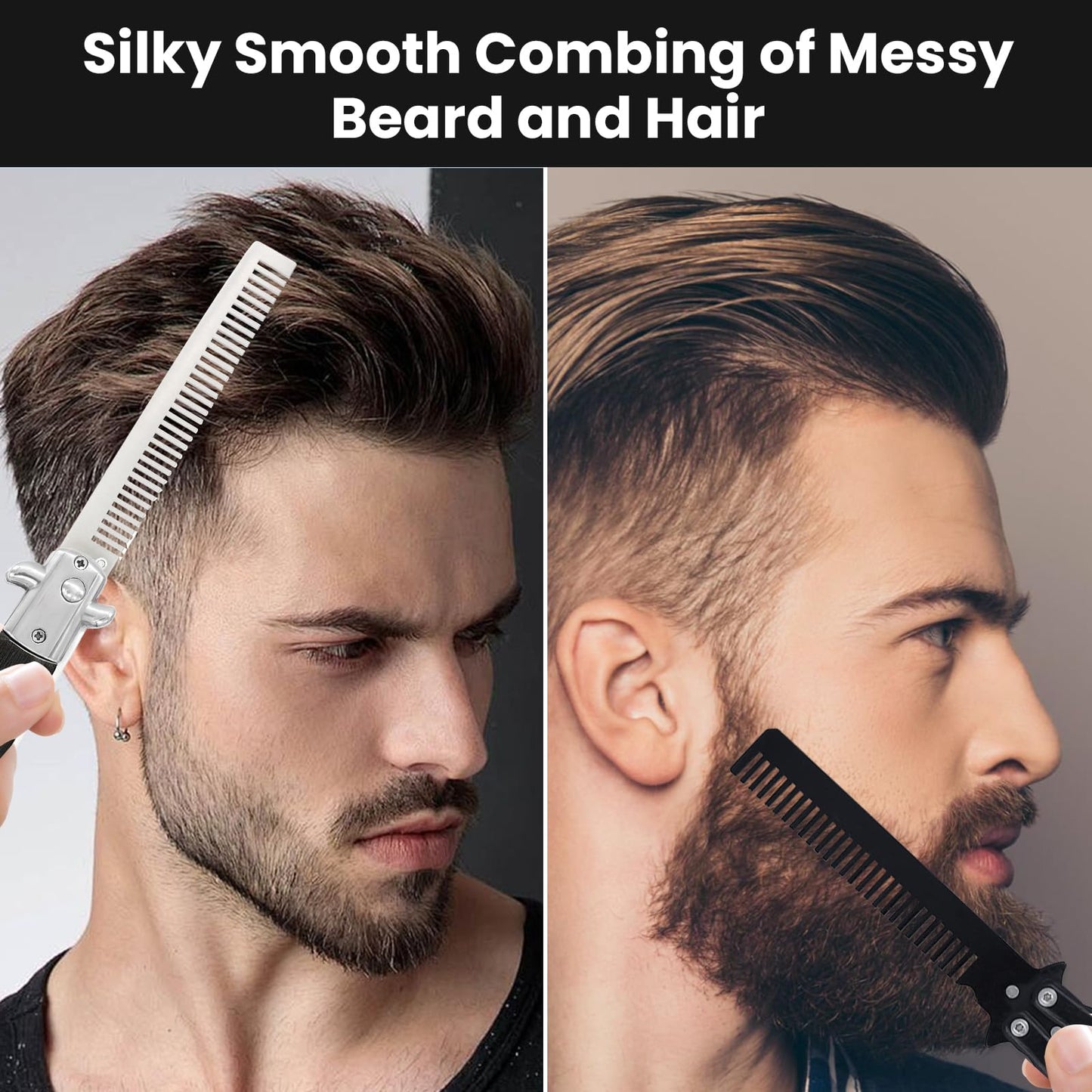 2 Pieces Black Folding Combs, Stainless Steel Automatic Butterfly Comb, Pocket Comb for Hair & Beard Styling