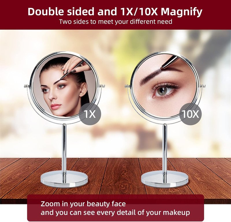 Classic Round Desktop Makeup Mirror - 15" Tall Double-Sided 360° Swivel | 1X/10X Magnification for Bathroom & Bedroom