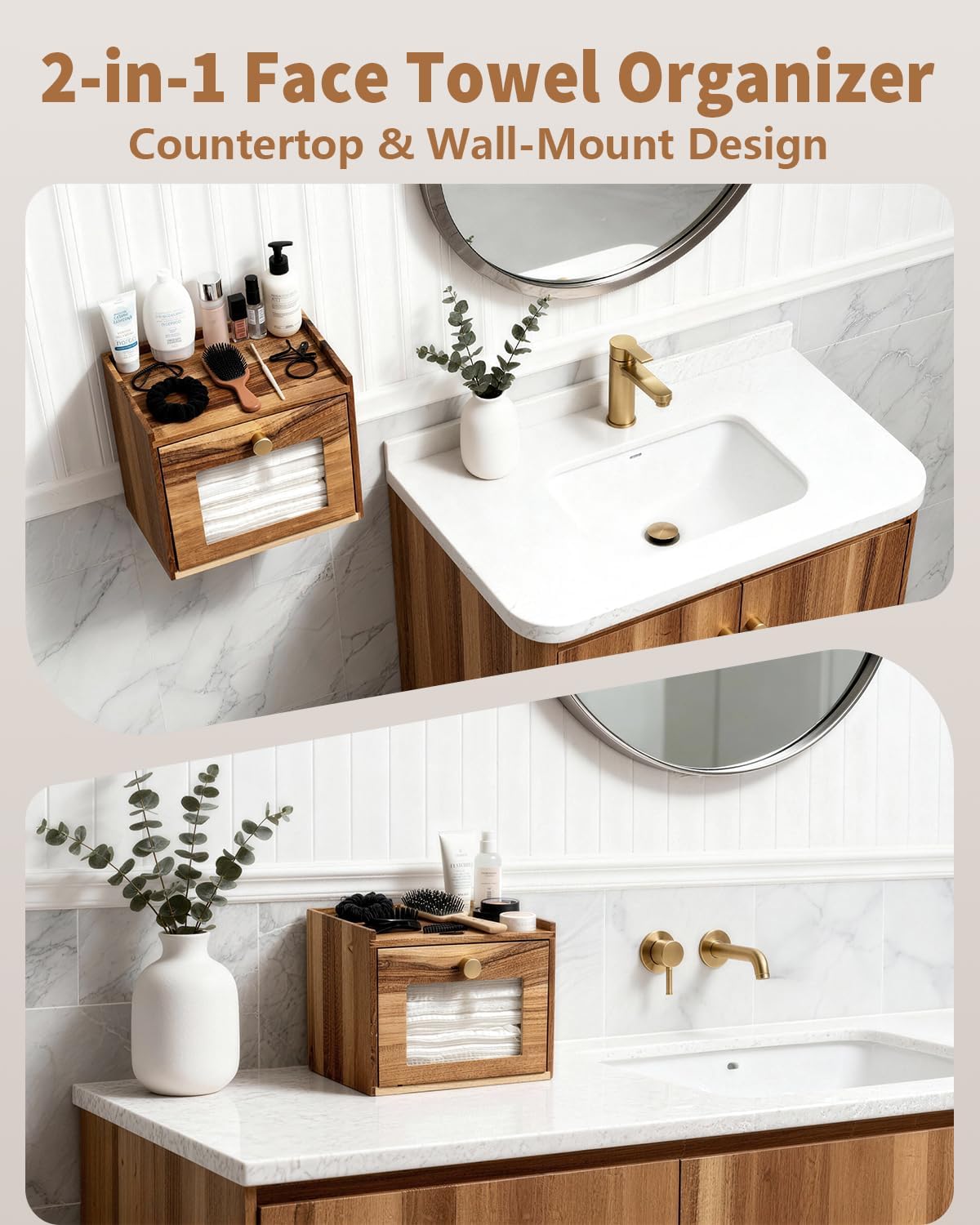 Disposable Face Towel Holder - Acacia Wood Storage Box for XL Towels | Bathroom Vanity Organizer & Wall Mount
