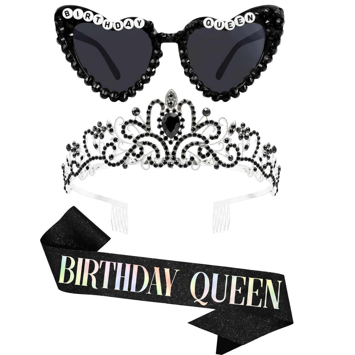 PcwBcn Silver Black Birthday Queen Glasses, Birthday Queen Sash Tiara Crown for Women Girls, 3 Pcs HappyBirth Party Decorations Princess Headband 30th-90th Birth Gifts Hair Accessories