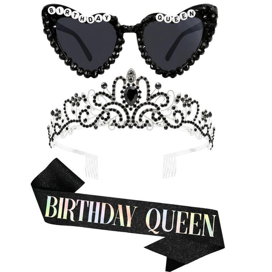 PcwBcn Silver Black Birthday Queen Glasses, Birthday Queen Sash Tiara Crown for Women Girls, 3 Pcs HappyBirth Party Decorations Princess Headband 30th-90th Birth Gifts Hair Accessories