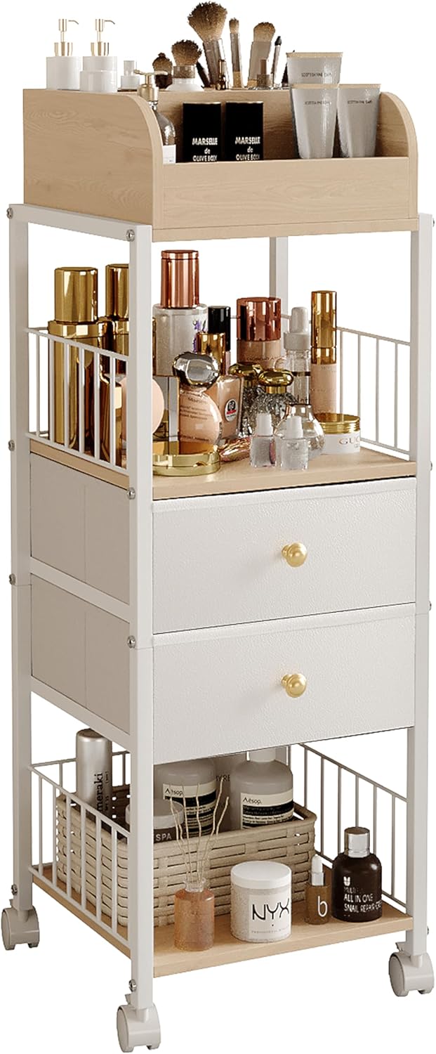 Makeup Organizer Cart - Large Skincare & Makeup Stand with Drawers | Gold Vanity Storage